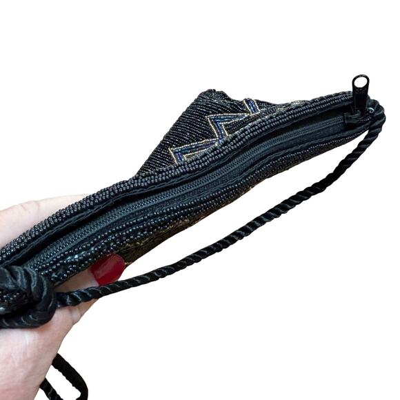 Vintage 1980’s black & blue beaded evening bag flapper prom purse mod geometric - Picture 8 of 12